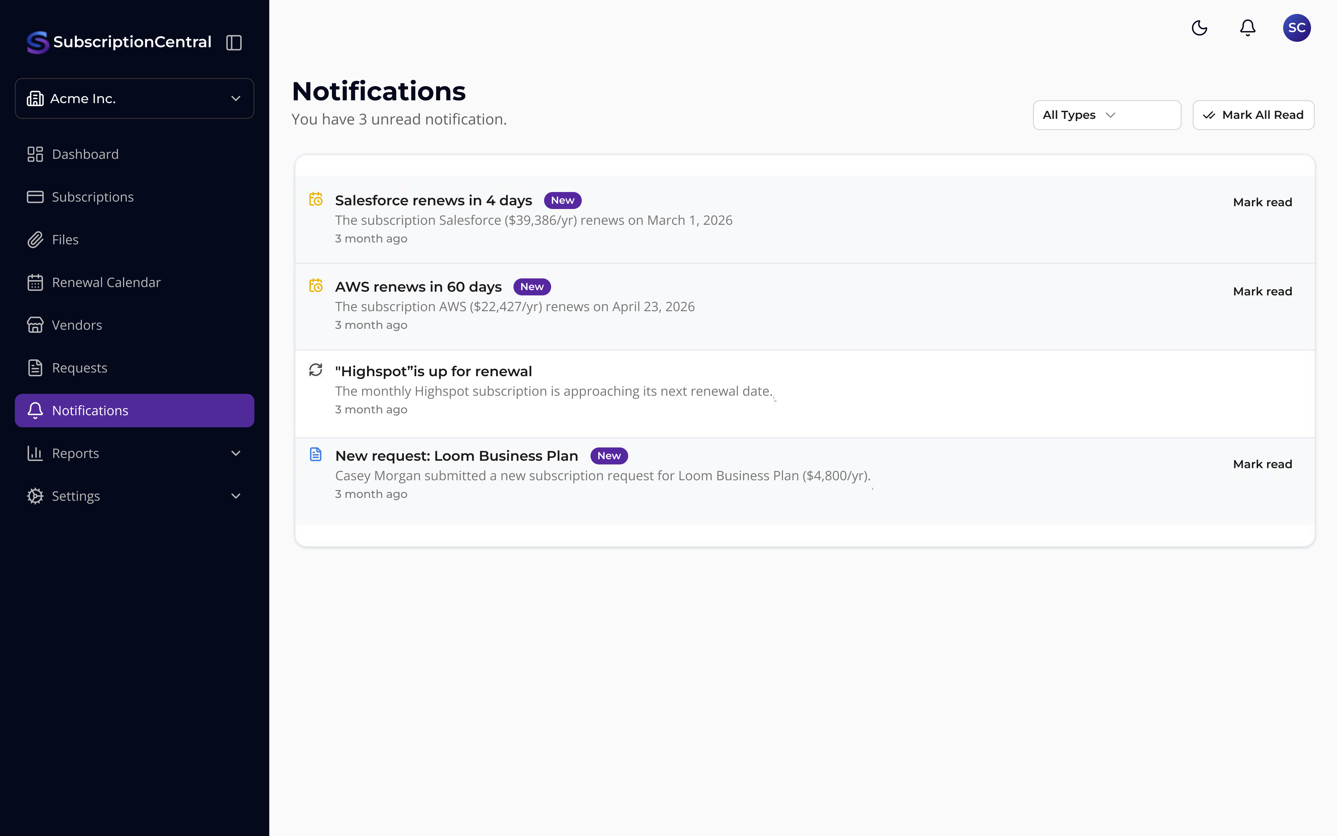 Renewal Tracking — Subscription Central